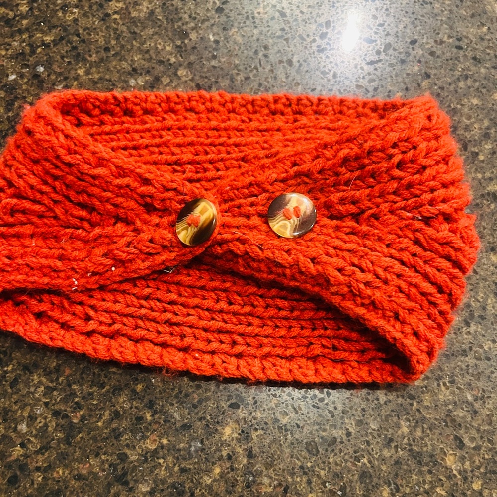 Handmade red orange Knit headband- warm with Flower - Picture 2 of 2